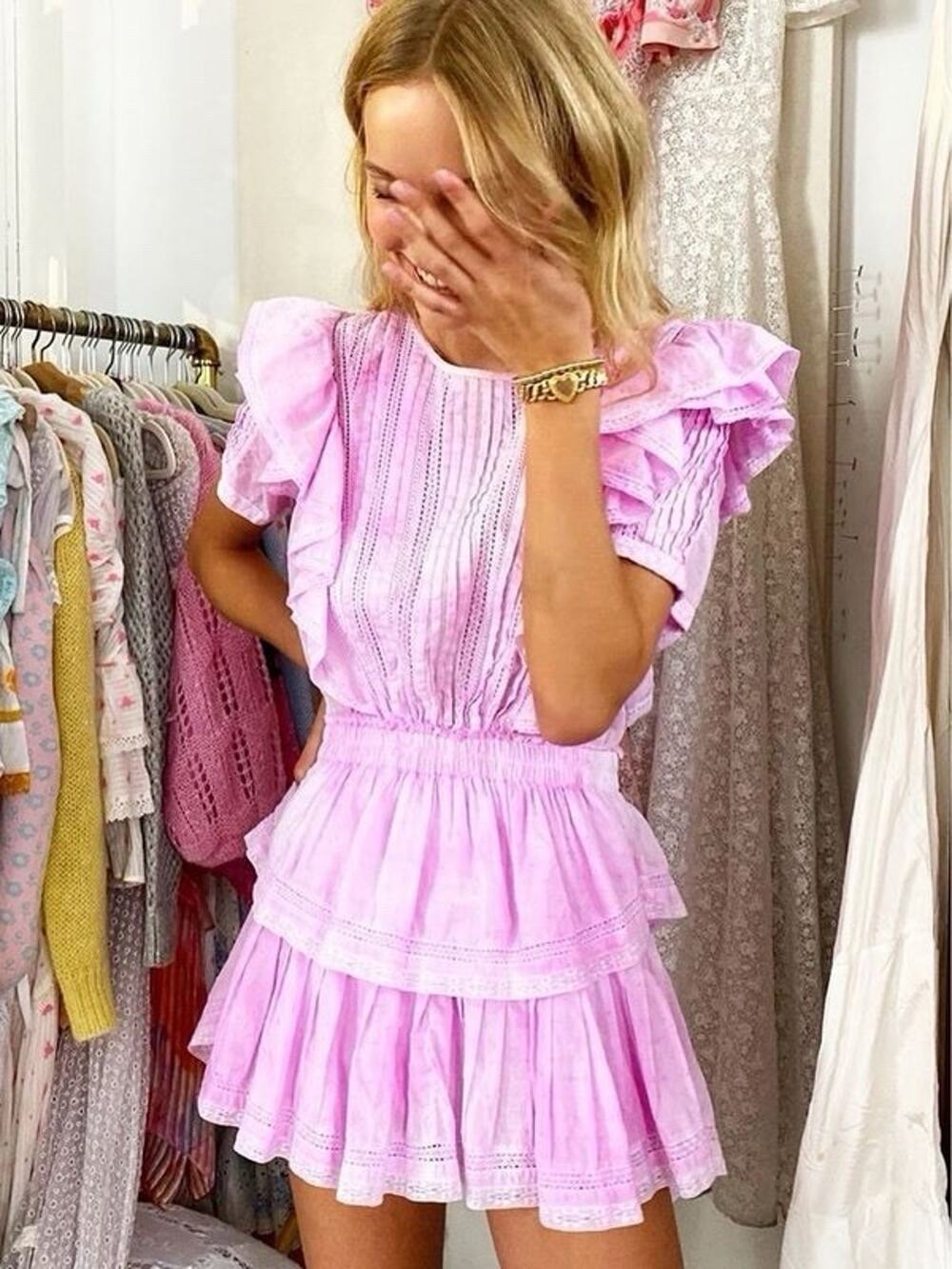 LoveShackFancy Natasha Heritage Mini Dress Pink Tie Dye Ruffle Tiered Size XS